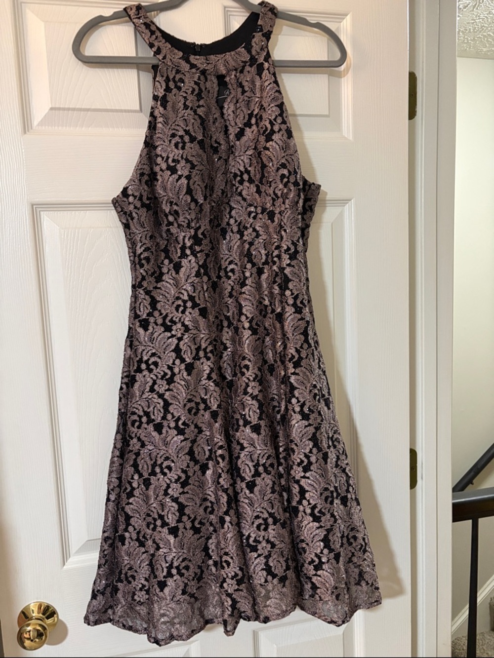 Sleeveless Lace A-Line Prom Dress in Dusty silver and Black